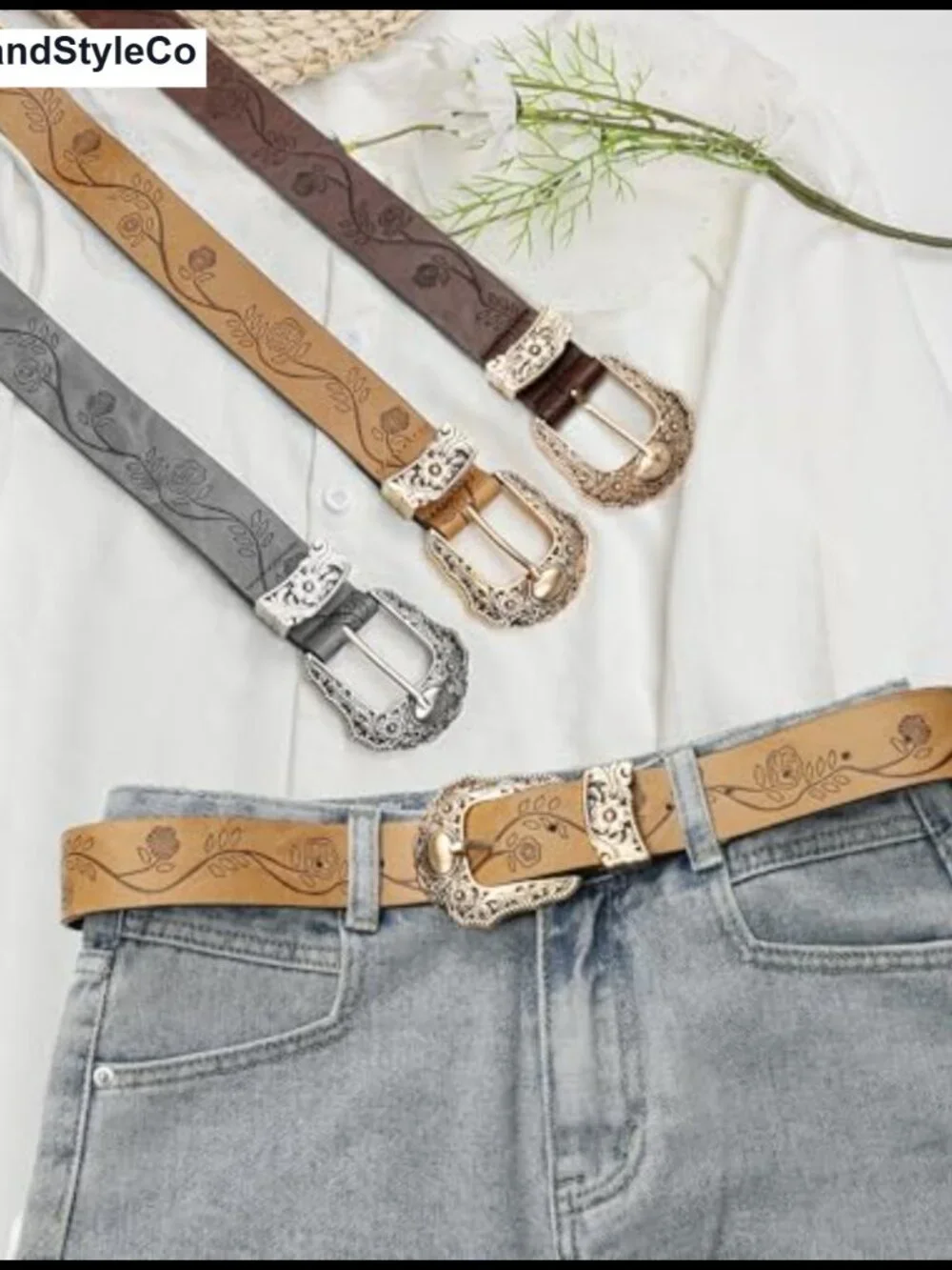 Women's Western Belt PU Leather Embossed Floral Gold Buckle